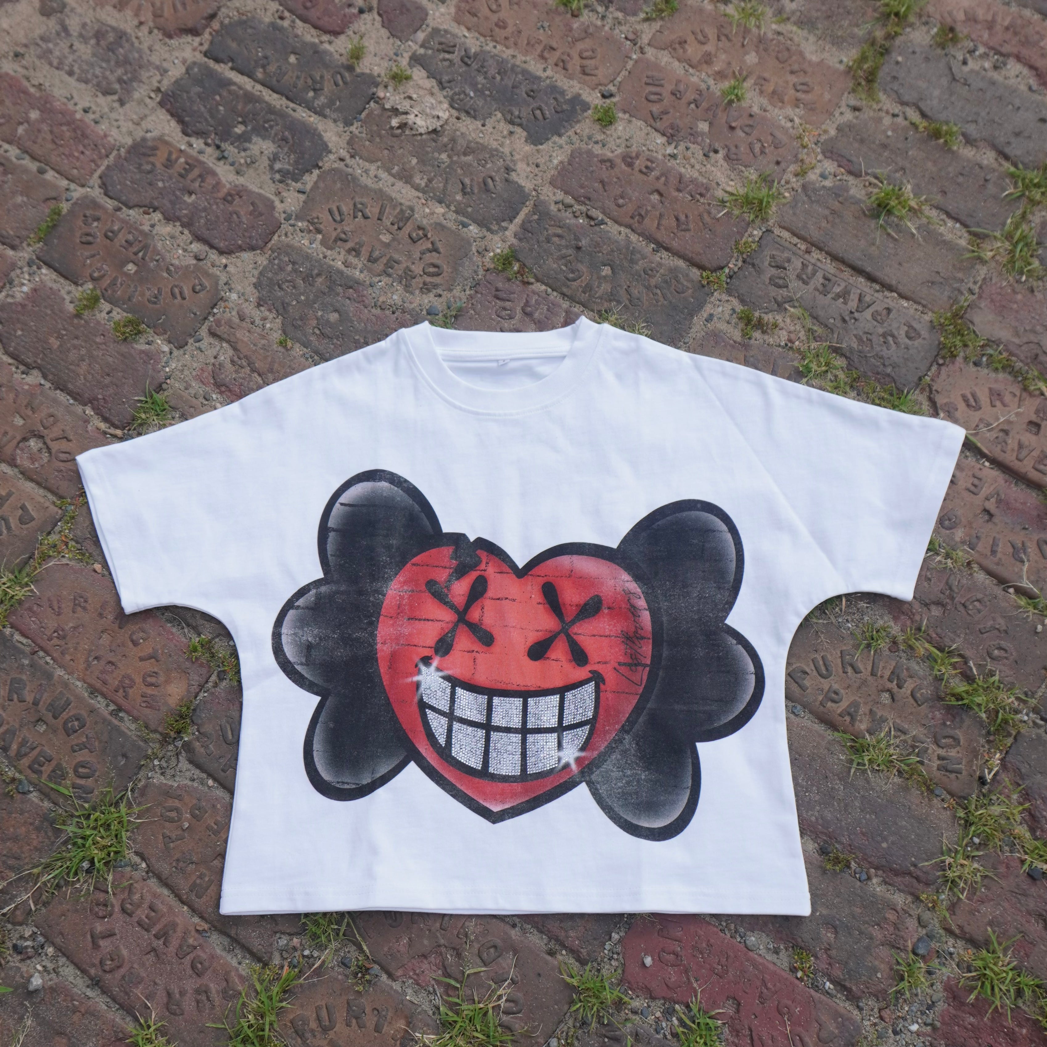 Just Smile Rhinestone Tee – White
